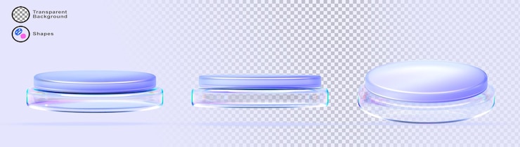 PSD glass transparent round stand podium 3d render icon set hologram iridescent crystal pedestal for product display abstract circle platform stage mockup isolated on blue background