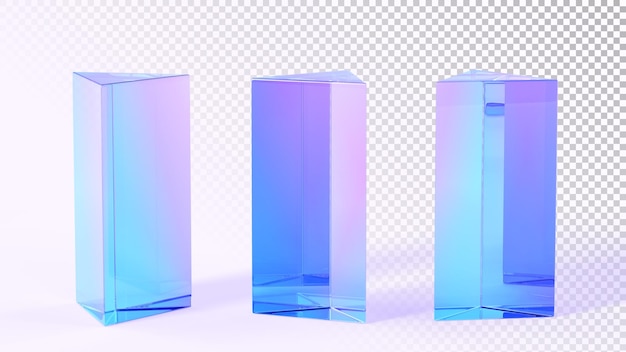 PSD glass triangle pedestals or podiums 3d render icons set abstract geometric pillars platforms with hologram gradient texture crystal rainbow exhibit displays blank product stands 3d illustration