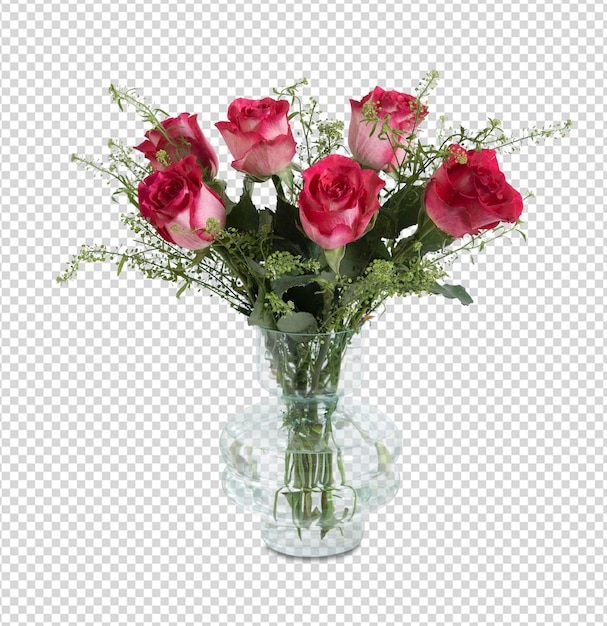 A glass vase of roses with a red rose in the middle