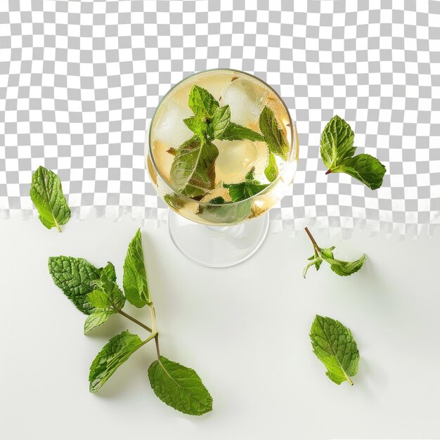 PSD a glass of water with mint leaves and mint leaves on a table