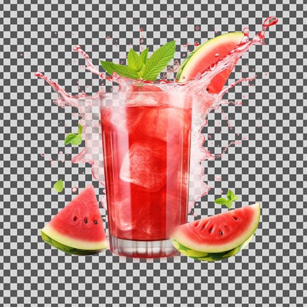 A glass of watermelon juice with a splash of mint and ice cubes