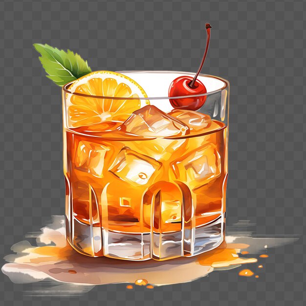 PSD a glass of whiskey with a cherry on it and a cherry on the top