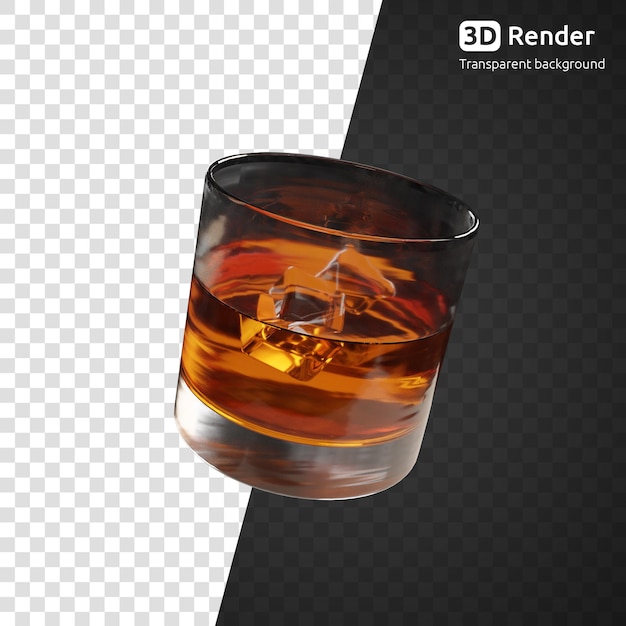 Glass of whiskey with ice cubes 3d render isolated