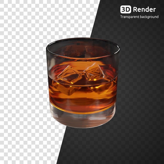 Glass of whiskey with ice cubes 3d render isolated