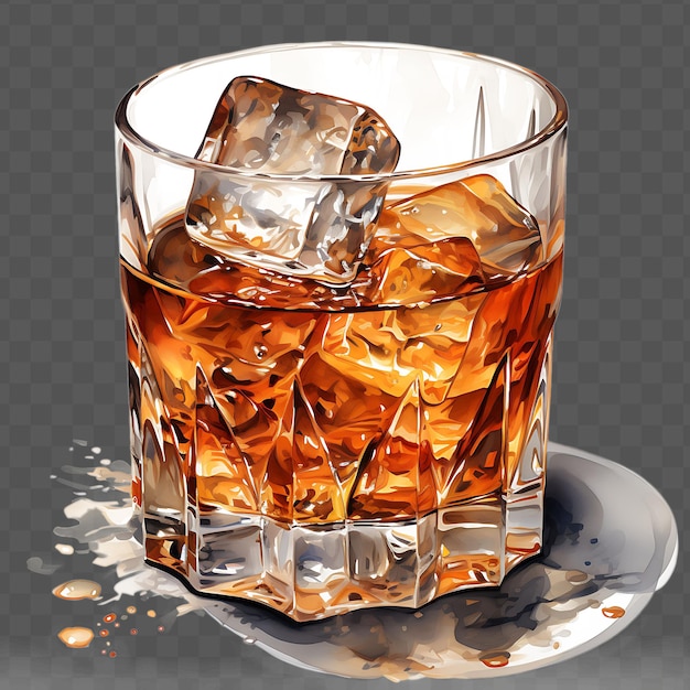 PSD a glass of whiskey with ice and ice cubes on it