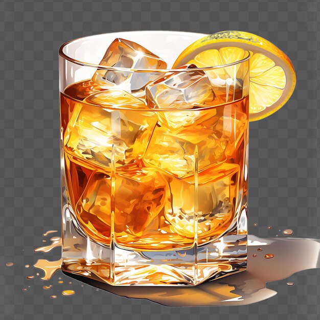 A glass of whiskey with ice and a slice of lemon on it