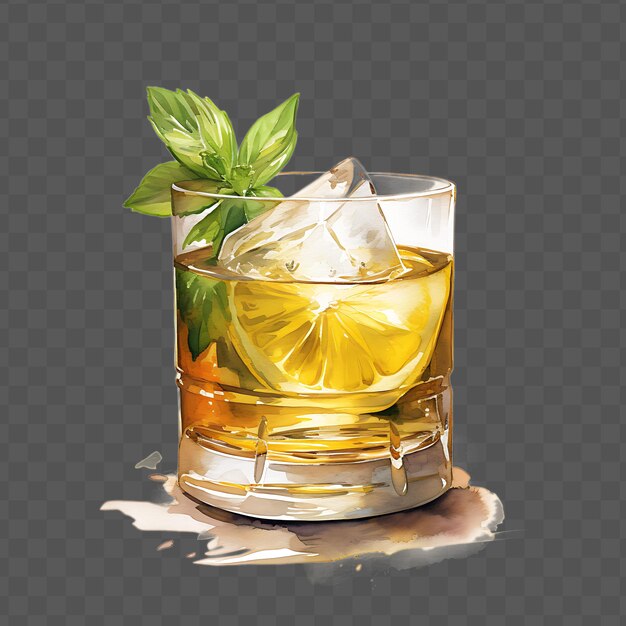 PSD a glass of whiskey with ice and a slice of lime