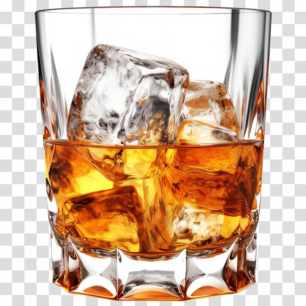 PSD glass of whisky with ice cubes isolated on transparent