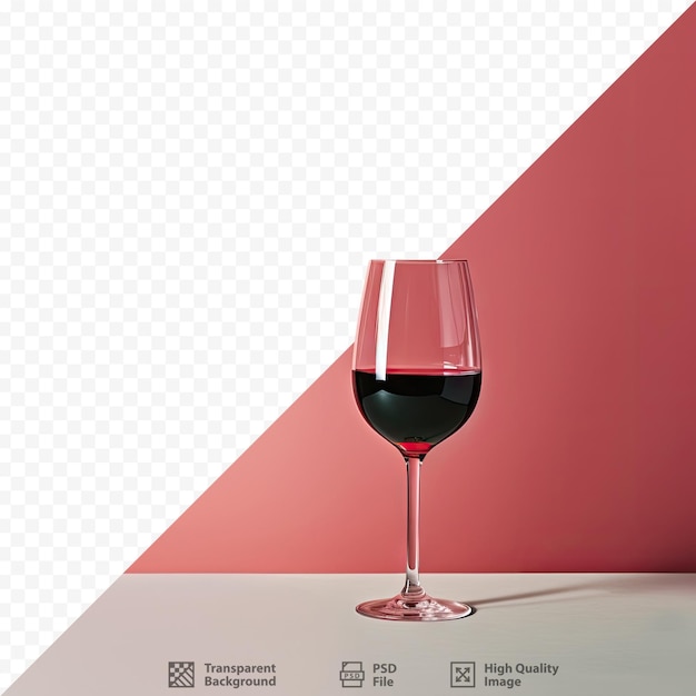 PSD a glass of wine sits on a table with a red background.