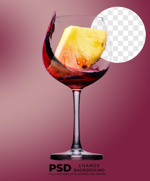 PSD a glass of wine with a slice of pineapple in it.