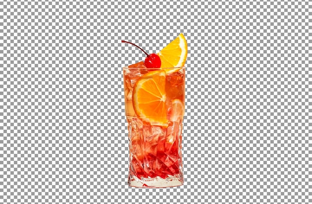 Glass with a red cocktail and a cherry on the top.
