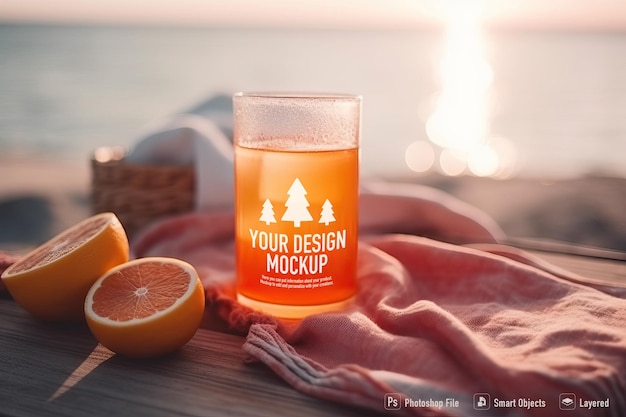 Мокап стакана с освежающим апельсиновым соком на пляже генеративный aixa