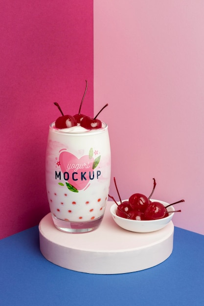 Glass of yogurt mock-up with cherries