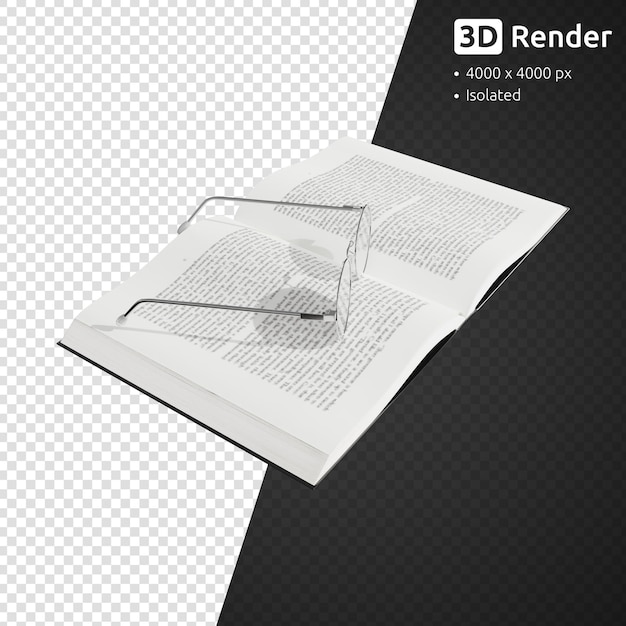 PSD glasses and book isolated on white background 3d rendering