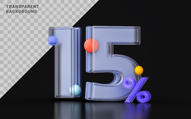 Glassmorphism 15 per cento di sconto coupon simbolo 3d rendering banner vendita online grande offerta promozione