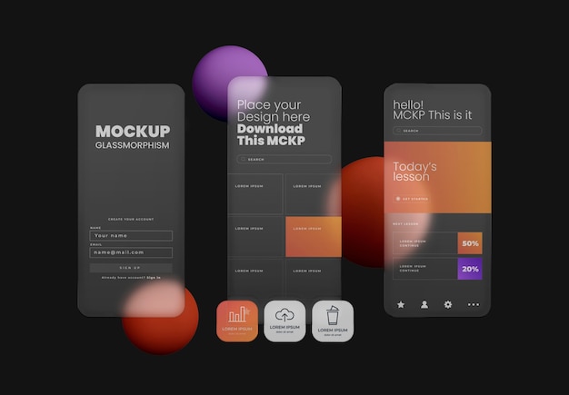 PSD glassmorphism buttons style mockup