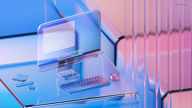 PSD glassmorphism desktop mockup on translucent glass background 3d render