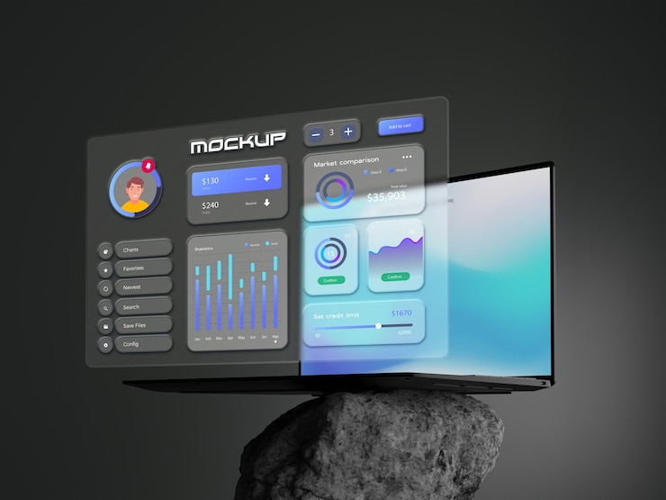 PSD glassmorphism  laptop mockup design