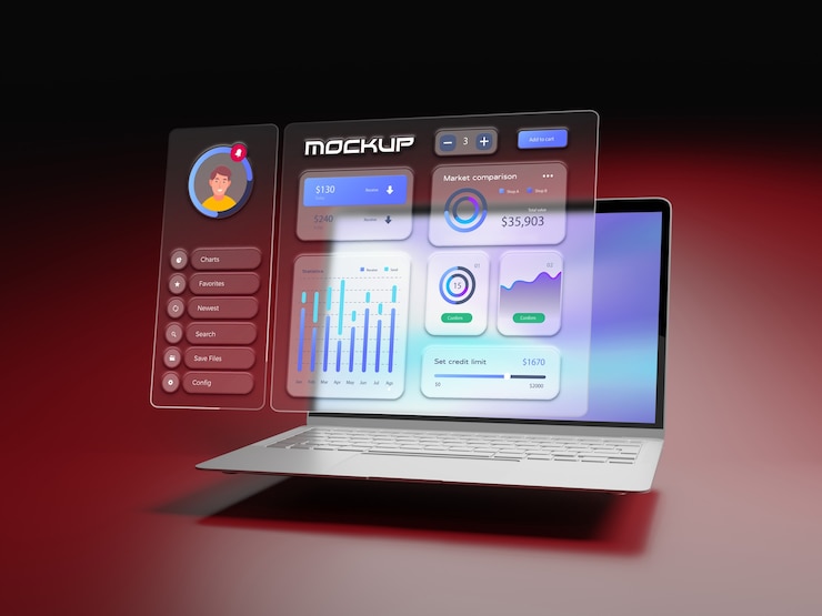 PSD glassmorphism  laptop mockup design