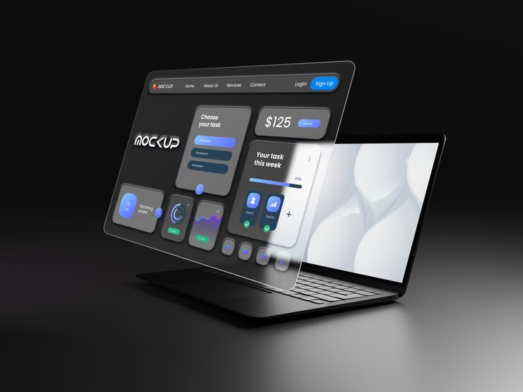 PSD glassmorphism  laptop mockup design