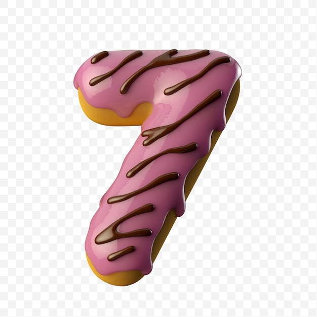 Glazed pink donut with chocolate number 7 3D illustration