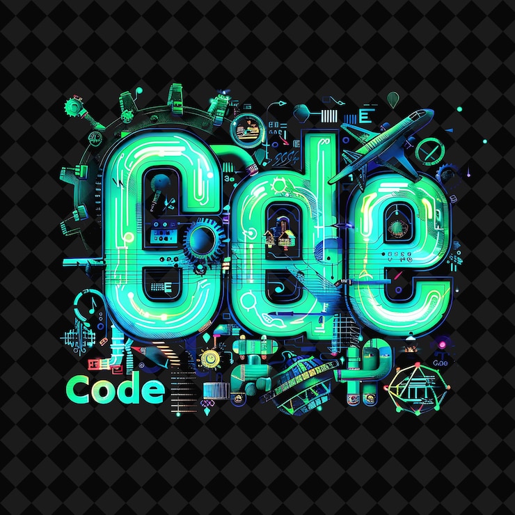 PSD gleaming neon light of code text in neon green and indigo hu png y2k inspired neon decorative