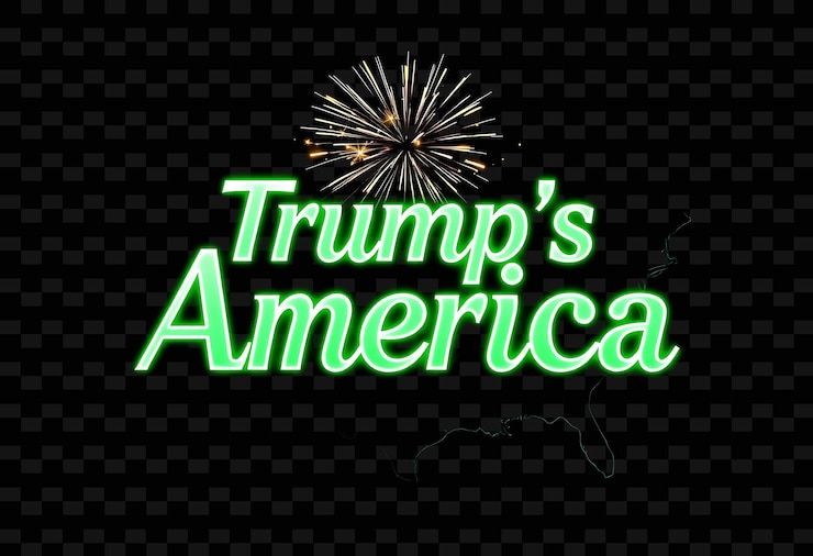 PSD 輝くトランプ・アメリカ ネオン・エメラルド・グリーンと クリップ・ホワイトのテキスト 輝くアメリカ地図とg