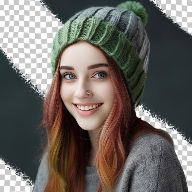 PSD glimlachend jong meisje met gekleurd haar en trendy stijl close-up portret op groene transparante achtergrond