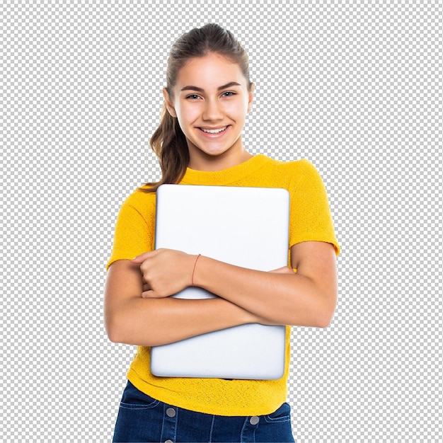 Glimlachend schattig tienermeisje met een laptop over een witte muur.
