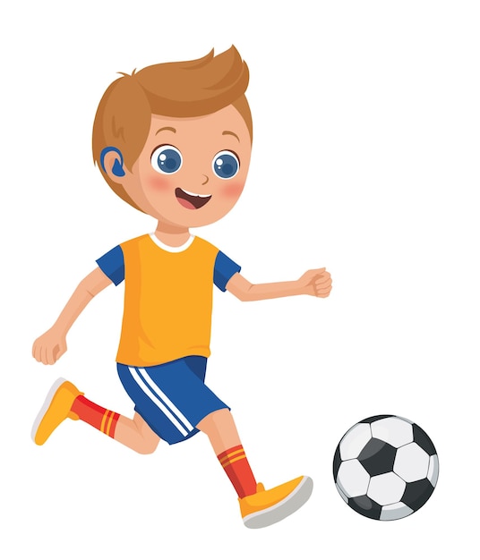 Glimlachende cartoon jongen personage met gehoorapparaat voetbal spelen lopen met voetbal