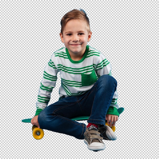 Glimlachende jonge jongen zit op een skateboard en kijkt