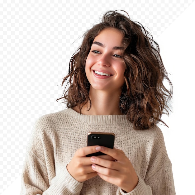 Glimlachende jonge vrouw met een mobiele telefoon en een close-up portret op een witte geïsoleerde achtergrond