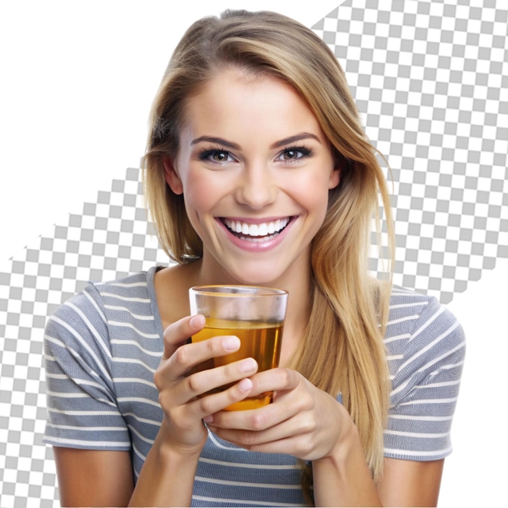 PSD glimlachende jonge vrouw zit met een martini glas op een doorzichtige achtergrond