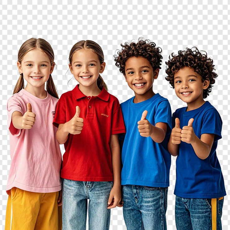 PSD glimlachende kinderen geven duimen op een doorzichtige achtergrond.