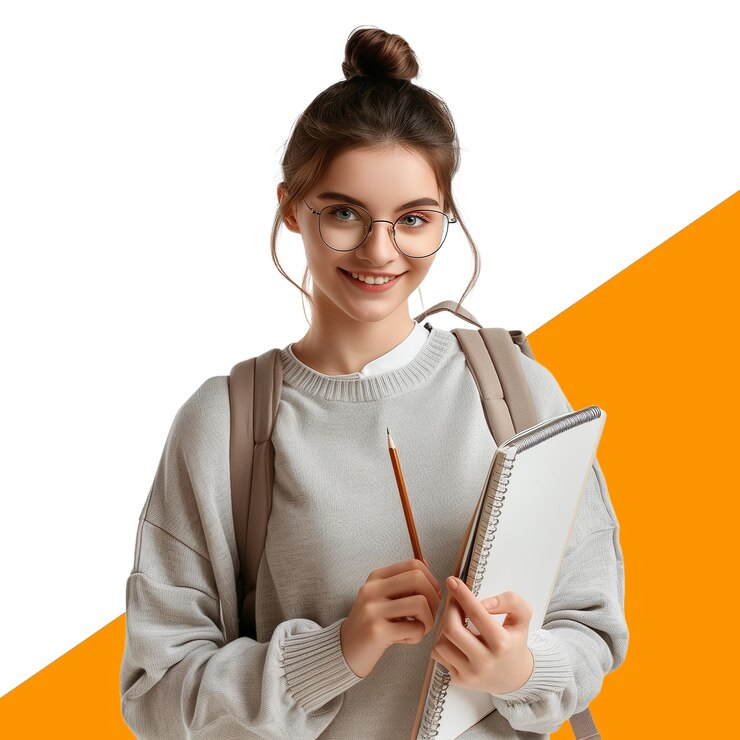 PSD glimlachende student met boeken en rugzak klaar voor de klas