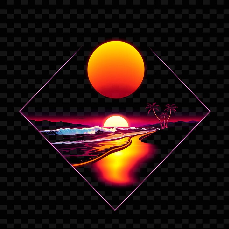 PSD glimmering neon sunset beach inside a silhouette diamond glowing waves gently lap against the shore
