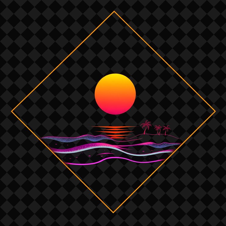 PSD glimmering neon sunset beach inside a silhouette diamond glowing waves gently lap against the shore