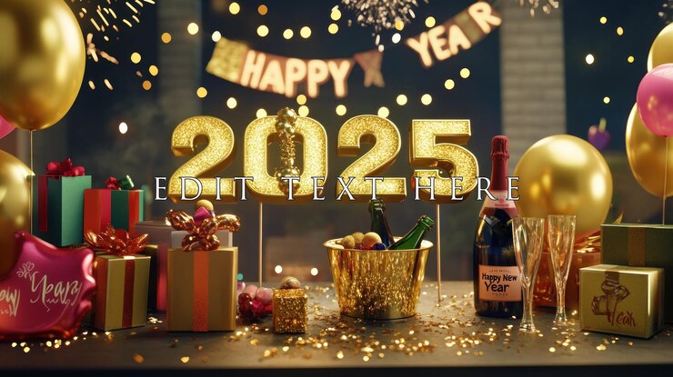 PSD glittering 2025 new years eve celebration scene with champagne gifts balloons and fireworks