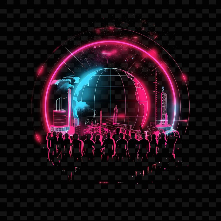 PSD glittering neon coalition summit with different groups lands neon line art landscape background