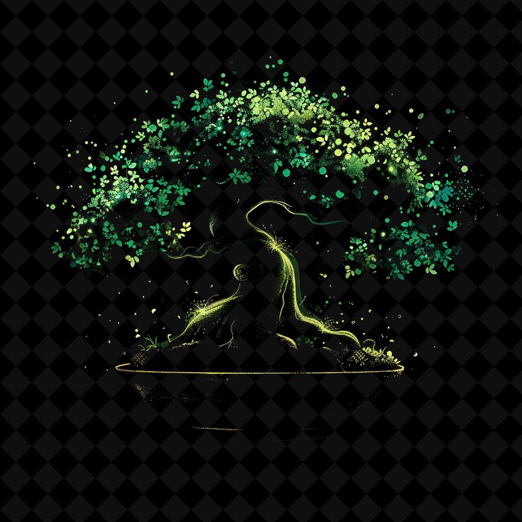 PSD glittering neon decaying bonsai forest inside a silhouette o png neon artistic landscape