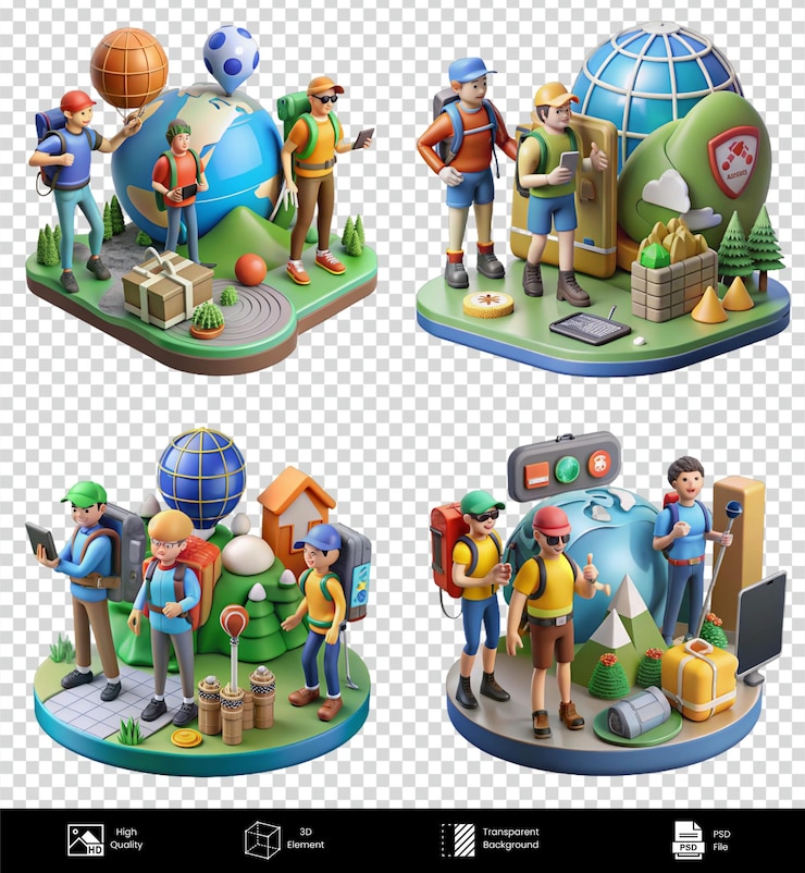 PSD global adventure 3d render of hikers exploring the world