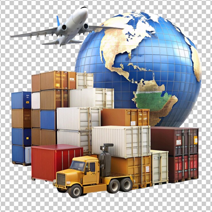 PSD global business logistics import export on white background and container cargo freight ship transport concept