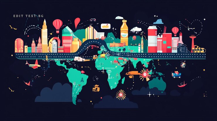PSD グローバル・コネクション・トランスポートと旅行コンセプトのイラスト
