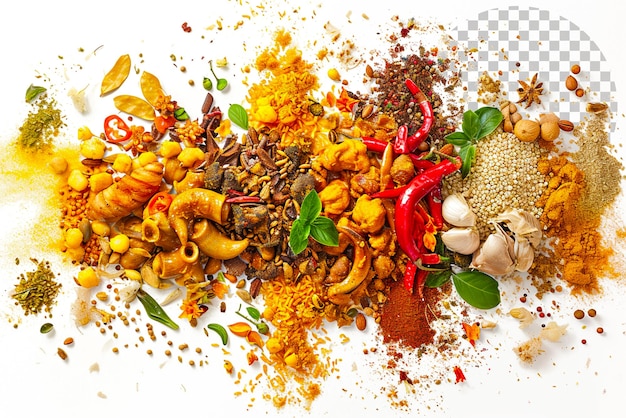 Global curry explosion a global curry platter featuring a variety of flavors on transparent bg
