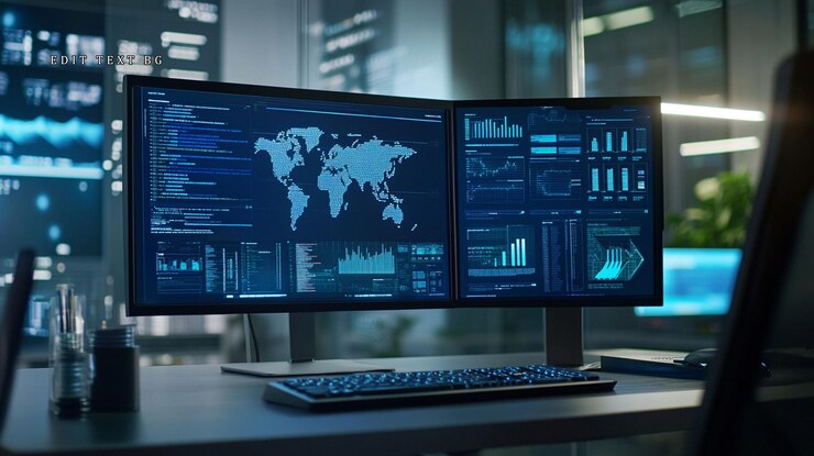 PSD global data analysis on dual monitors in a modern office