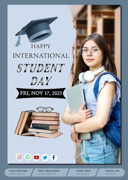 PSD global minds unite international student day 2023 flyer template