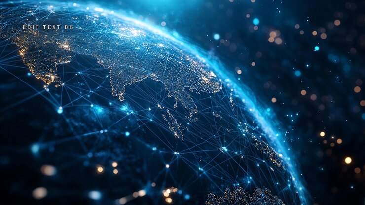 PSD アジアのデジタルインフラとデータフローを示す夜の地球を照らしたグローバルネットワーク接続