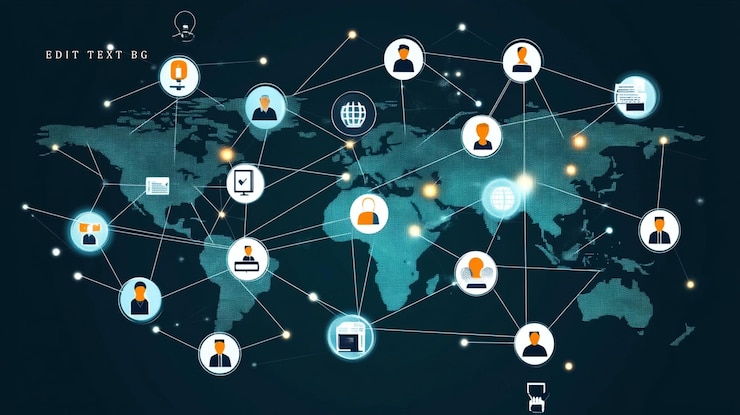 PSD global network connection people icons linked worldwide on a digital map