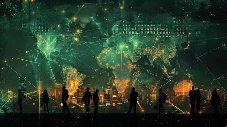 PSD global network connection people silhouettes against a world map backdrop