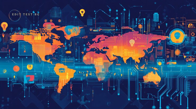 PSD global network digital world map with data technology and innovation icons